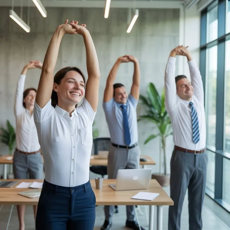 Person performing a gentle stretch beside an office desk